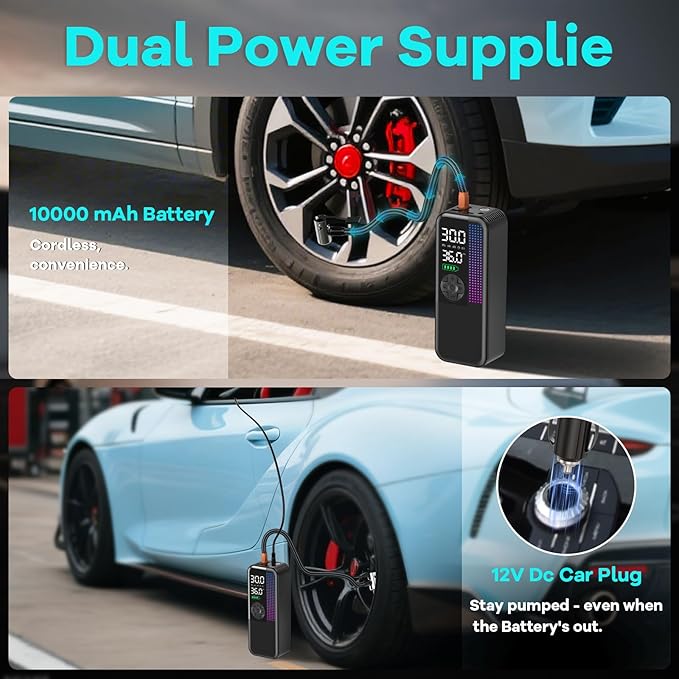 WEOLULI Tire Inflator Portable Air Compressor,150 PSI Cordless Air Pump, 12V DC Car Plug,Dual Power 10000mAh, Fast Inflation 24L/Min, 4 Preset Modes for Car, Bike, Motorcycle, Balls (Black, 10000mAh)