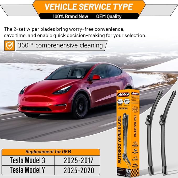 AUTOBOO 26"+19" Windshield Wipers Replacement for Tesla Model 3 2017 2018 2019 2020 2021 2022 2023 2024 2025 Model Y 2020 2021 2022 2023-2025 -Original Factory Quality (Pack of 2)