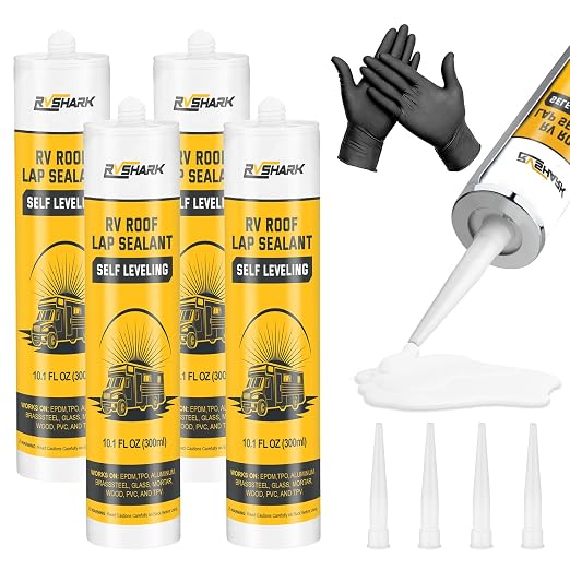 RV Roof Sealant 4 Pack, 30 Seconds Self Leveling Lap Sealant – White, Fast Curing Waterproof Flexible Caulk RV Sealant with Gloves for Camper Trailer Roofs Maintenance Repair