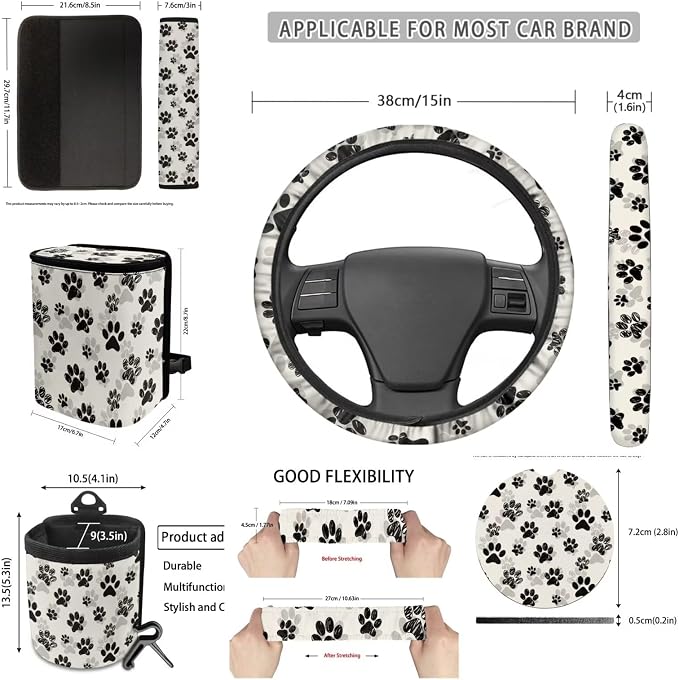 Dreaweet Dog Paw Car Seat Covers Full Set for Women Dog Lover Cute Car Accessories Seat Covers Front and Back Steering Wheel Cover Seat Belt Pads Coasters Trash Bag Vent Storage Pouch Keychain,15 Pcs