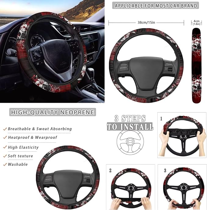 KEIAHUAN Gothic Skull Flower 11 Pcs Car Seat Cover Full Set Includes Shift Knob Handbrake Cover Steering Wheel Armrest Cover Headrest Covers Cup Coasters for Women