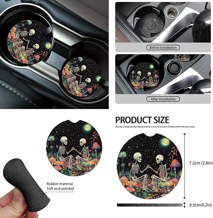 Goth Moon Skeleton Car Seat Covers Full Set 15 Pcs Universal Car Accessories Steering Wheel Cover Seat Belt Pads Garbage Bag Car Headrest Pillow Covers Armrest Pad