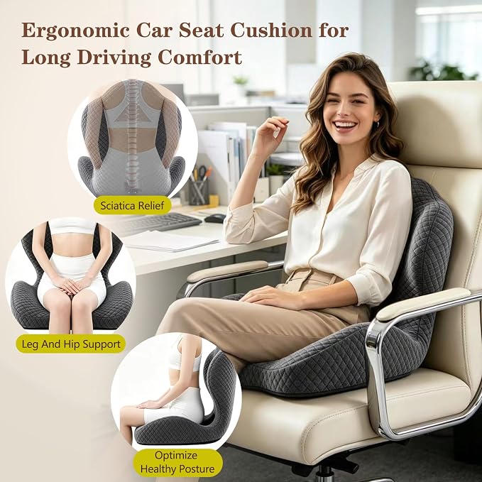 Ergonomic Memory Foam Seat Cushion with Back Support, L-Shaped Office Chair Cushion with Coccyx Cutout, Tailbone Support Cushion for Long Sitting, Car Seat Cushion for Driving, Home & Gaming Chair