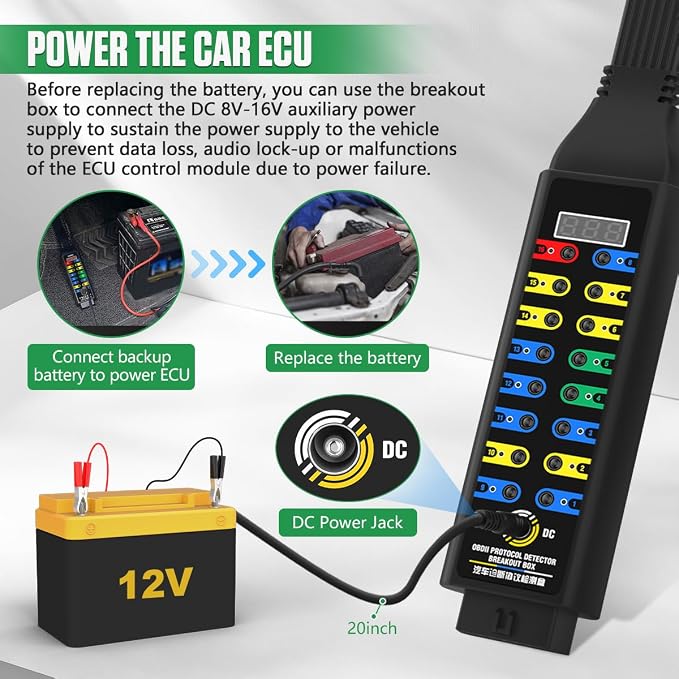 OBD2 Breakout Box Automotive Advanced OBDII Protocol Detector with LCD Display & LED Indicator, 16-Pin CAN Breakout Box Diagnostic Tool for Power Car E.CU, Use with Scanner/Multimeter/Oscilloscope
