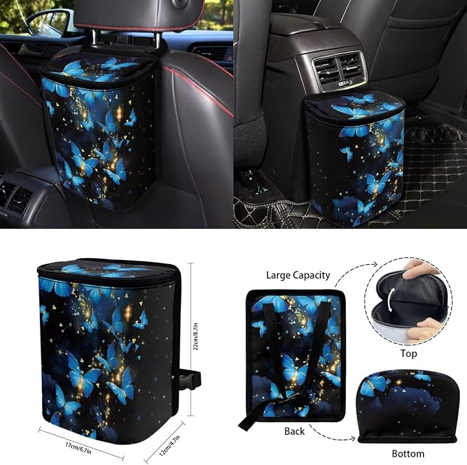 15 Pcs Blue Glitter Butterfly Car Seat Covers Full Set for Women Cute Car Accessories Interior Car Steering Wheel Cover Seatbelt Covers Trash Bin Rear View Mirror Cover Cup Holders Keychain