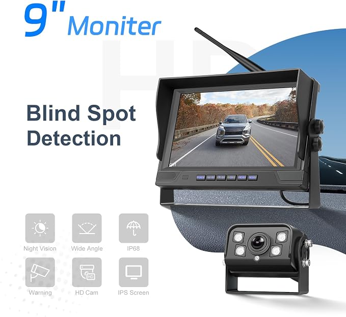 9 Inch Wireless Backup Camera for Truck RV Backup Camera Wireless, 4 Channels Split Screen, BSD Alert, Night Vision, IP68K Waterproof, for Truck, Pickup, Trailer, Cars - Parking Safety