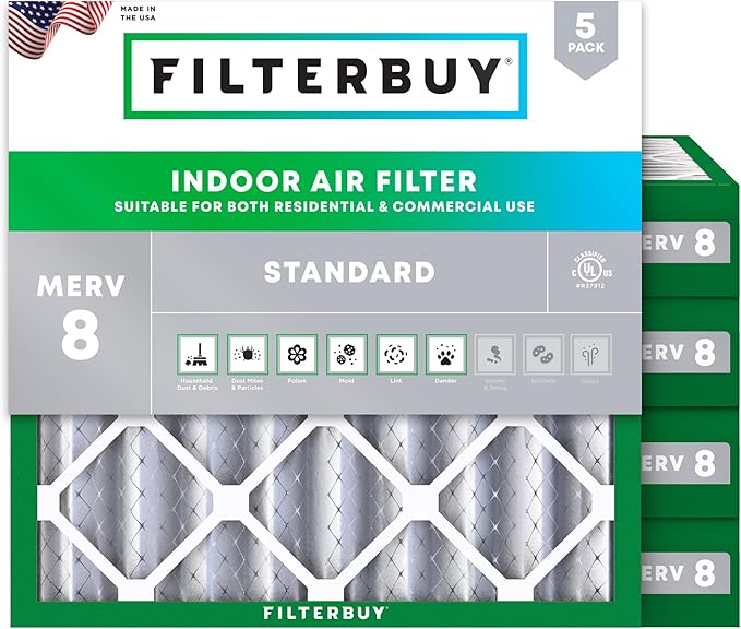 Filterbuy 24x24x4 Air Filter MERV 8 Essential Dust & Allergy Defense (5-Pack), Electrostatic Pleated HVAC AC Furnace Filters Replacement (Actual Size: 23.38 x 23.38 x 3.63)