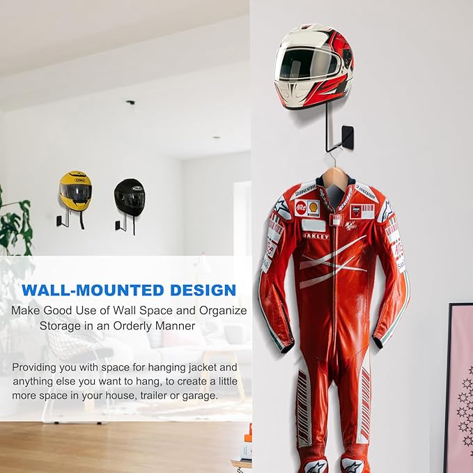 Toolly Wall-Mounted Motorcycle Accessories Helmet Holder Metals Hanger Multifunctional Helmet Rack with Sponge Tubes and Expansion Screws