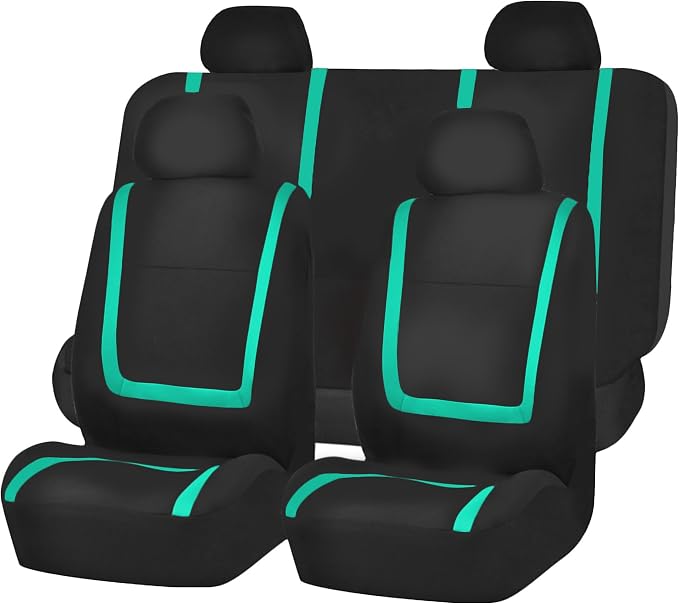 FH Group Automotive Seat Covers Unique Flat Cloth Mint Full Set, Combo Steering Wheel Cover and Seat Belt Pads Rear Solid Bench Universal Fit for Vans Cars Trucks and SUV Interior Accessories