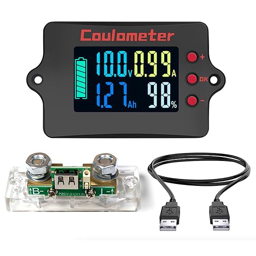RQG Coulometer,Shunt Monitor,Battery Monitor with Shunt,High Precised DC 8-120V 400A LCD Digital Multimeter Battery Monitor Voltage Current Capacity Indicator,Easy to Read,with USB Power Cable+Shunt