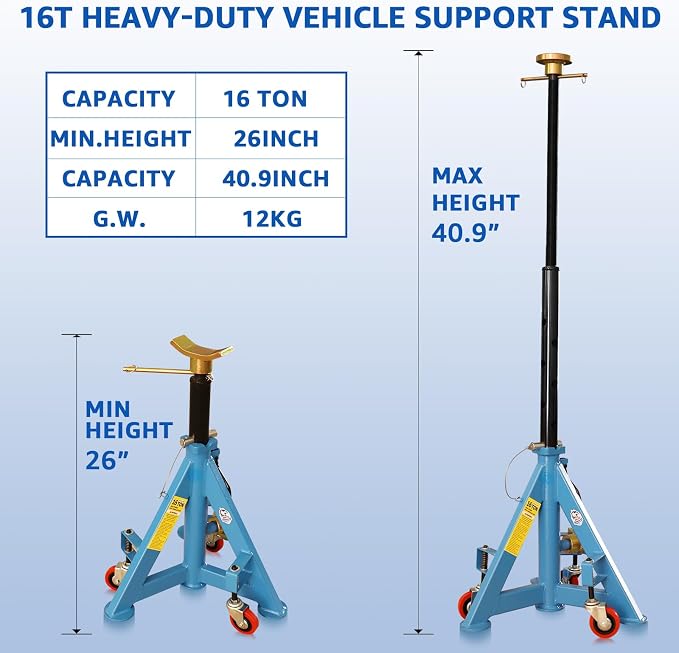 HKTE 16 Ton Heavy Duty Jack Stand with Wheels & Patented Handle, Dual Interchangeable Tops, 35,000 lbs Capacity, Adjustable Height (26"-40.9") for Trucks, Pickups, SUVs, Farm Vehicles, Auto Repair