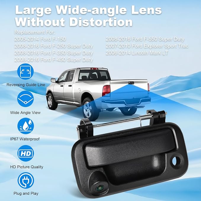 Rear Tailgate Handle Backup Camera Compatible with with 2005-2014 Ford F150, 2008-2016 F250 F350 F450 F550 Super Duty, 2007-2010 Explorer, 170° Viewing Angle, Replace# 8L3Z9943400AC