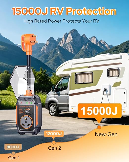 GEARGO 𝑵𝒆𝒘𝒆𝒔𝒕-𝑮𝒆𝒏 RV Surge Protector 30 Amp, 15000J Circuit Analyzer with IP68 Waterproof Cover, High-Energy Protection & Temperature Control, RV Adapter Plug for Camper, Travel Trailers