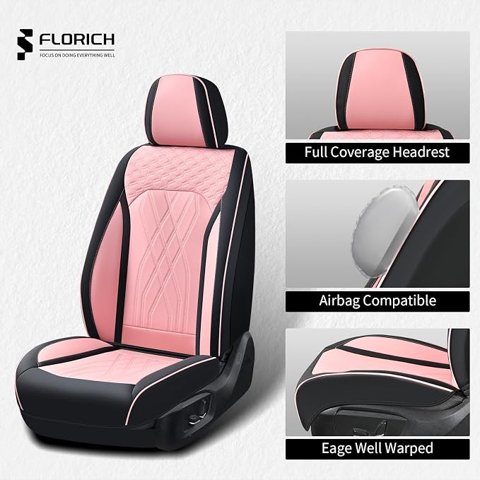 FLORICH Automotive Seat Covers Leather Pink Seat Covers for Cars Front Seats Waterproof Breathable Car Seat Cushion Comfort Interior Covers Universal Fit for Most Car Truck SUV Driving, Black&Pink
