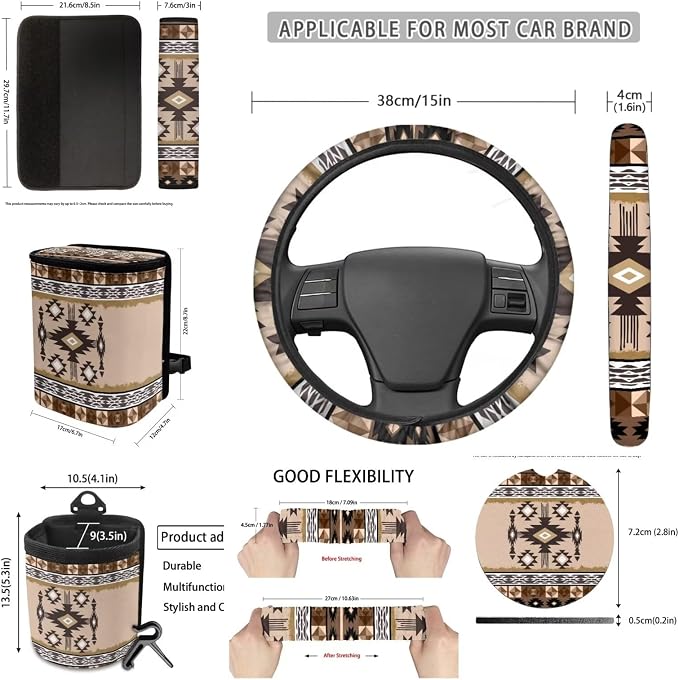 XYZCANDO Aztec Tribe Car Interior Sets 15 PCS Car Seat Cover Set Steering Wheel Cover Storage Box Garbage Bag Seat Belt Pads Cover Car Rear View Mirror Cover Coasters Keychain for Sedans Van SUV