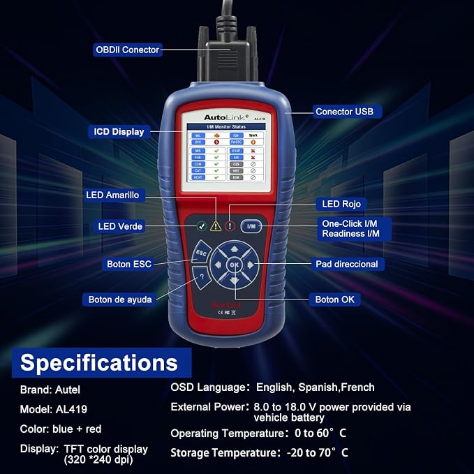 Autel AutoLink AL419 Vehicle OBDII/CAN Code Reader TFT Color Display Clears Codes and resets Monitors Views Freeze Frame Data DTC Definitions VIN