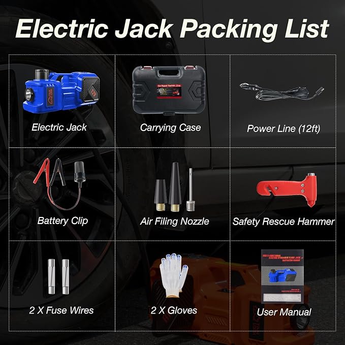 Electric Car Jack Kit with Hydraulic Lift 5-Ton, Tire Inflator Heavy-Duty 12V Floor Jack for Sedans,SUVs,MPVs & Trucks.Ideal for Tire Changes & Garage Repairs (Without Wrench)
