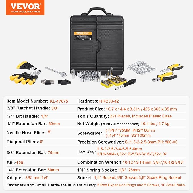 VEVOR Mechanics Tool Set 221Pieces - 1/4" and 3/8" Drive Sockets - SAE and Metric Mechanic Tool Kit with Bits - Wrenches, Ratchet Handle, Accessories, and Plastic Storage Case - for Automotive Repair