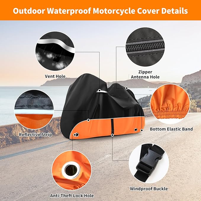 Trike Cover, 420D Outdoor Waterproof Three Wheeler Cover with Ventilation Holes and Reflective Strips, Suitable for Trike Models Freewheeler, CVO Version, Tri Glide, Chieftain, Goldwing Orange
