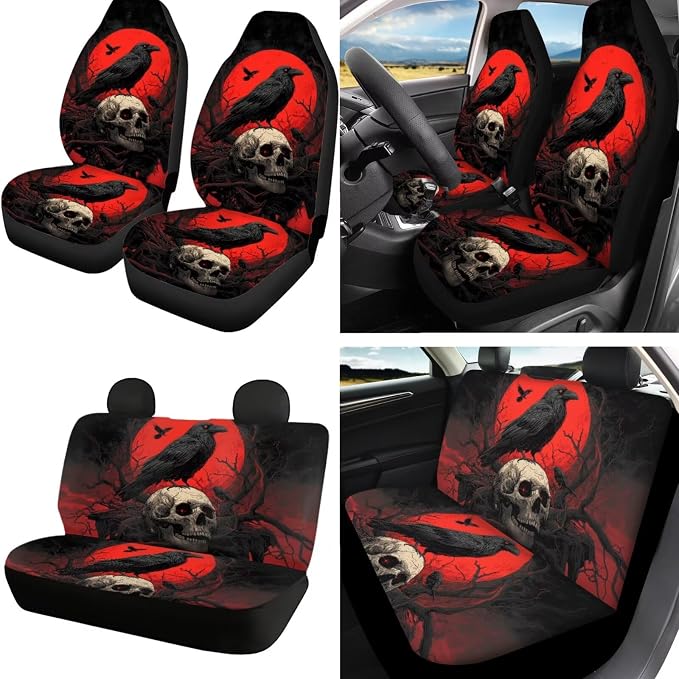 Crow Skull Print Car Seat Covers Front and Back Full Set with Headrest Covers Steering Wheel Cover Safety Belt Pads Armrest Cushion Cup Coasters for SUV Truck Sedan, Easy to Install