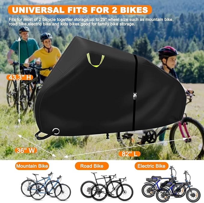 ClawsCover Bike Covers Outdoor Storage Waterproof for 2 Bikes,Heavy Duty 600D Polyester,Durable Anti-UV,Weatherproof eBike Bicycle Electric Bike Cover, Buckles Straps,Reflective Handle,82''x36"x43.3"