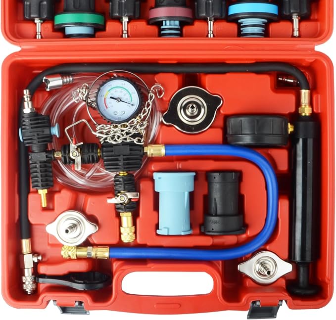 DAYUAN 28Pcs Universal Radiator Pressure Tester Kit, Coolant Vacuum Refill | Coolant Pressure Tester Set, for Cooling System, 0-35 PSI Pressure Testing，Vacuum Purge & Refill, Fits Most Vehicles，Red Case