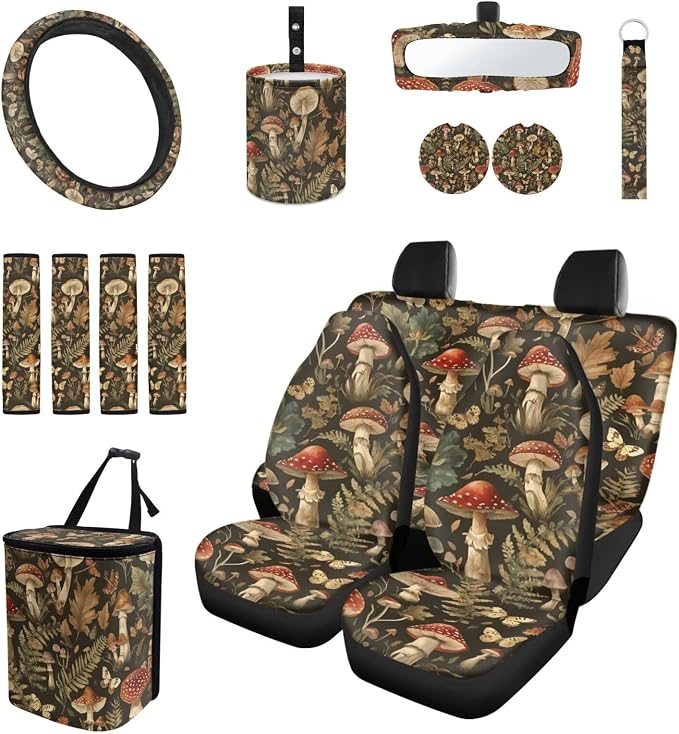 Mushroom Car Seat Covers Full Set for Women Universal Car Accessories - Steering Wheel Cover Seatbelt Covers Car Coasters Trash Bag Rearview Mirror Cover Keychain
