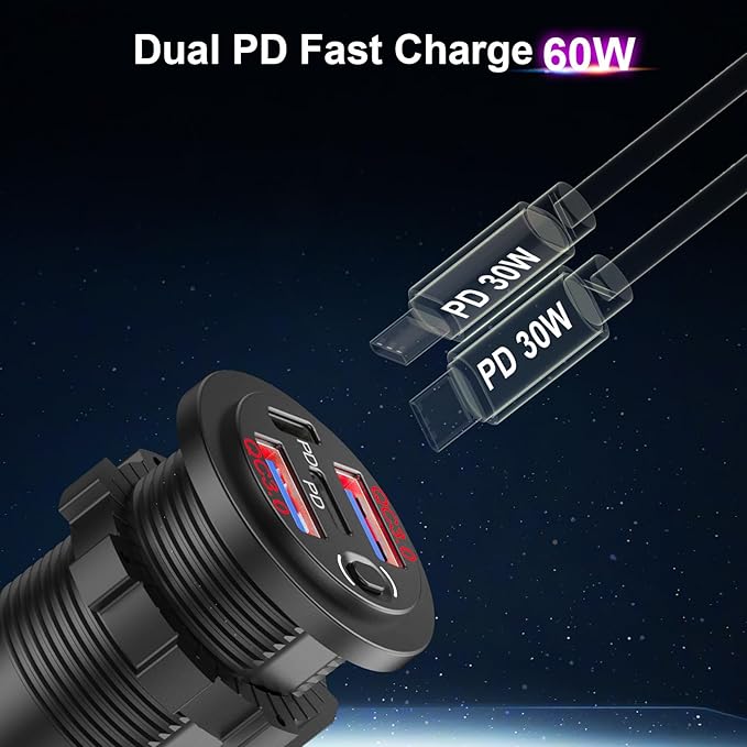 Red 12V USB Outlet Dual PD 30W USB C Port and Dual USB Quick Charge 3.0 Port with Power Switch, 78W Multiport Car Charger Socket Waterproof DIY Accessories for Car Boat Marine Motorcycle RV ATV