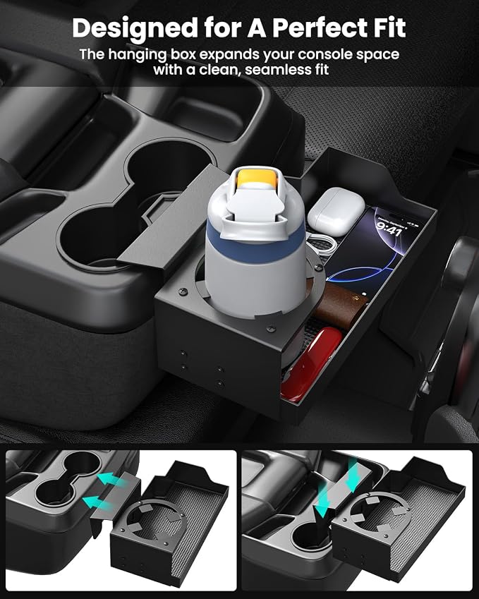 Center Console Hanging Organizer with Cup Holder for Chevy Silverado & GMC Sierra 1500 (2019–2026) and 2500HD 3500HD (2020–2026), Bench Seat Console Organizer Storage Box (Split-Bench Folding Seat)