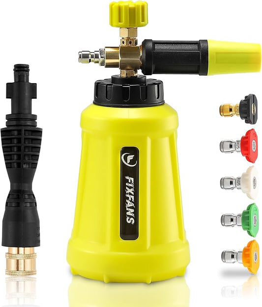 FIXFANS Foam Cannon, Wide Neck Snow Foam Lance with Replacement Adapter for Portland Husky and Ryobi Pressure Washer, Heavy Duty Power Washer Foam Blaster with 1/4 Inch Quick Connector, 5 Nozzle Tips