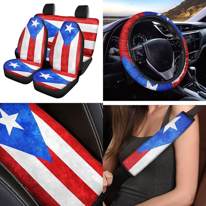 Puerto Rico 12Pcs Car Seat Covers Full Set Car Seat Belt Cover Steering Wheel Cover Armrest Cushion Cup Coasters and Keychain Holder Suitable for Most Cars,SUV