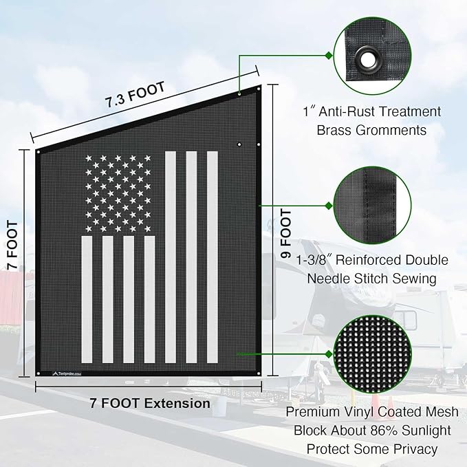 Tentproinc RV Awning Side Shade Screen 9' X 7' - (White American Flag) Black Mesh Sunshade for Motorhome Camping Trailer Awning Sunscreen UV Sun Blocker - 3 Year Warranty