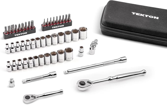 TEKTON 1/4 Inch Drive 12-Point Small Engine Shallow Socket, Bit, and Quick Release Ratchet Set with Case (50-Piece) | SKT07906