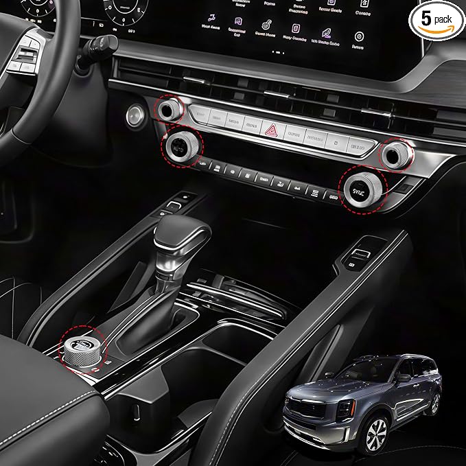 5PCS Aluminum Car Drive Mode Gear Shift Switch Cover,Radio Audio Volume Adjustment Knob Cover,AC Switch Button Knob Cover Compatible with Kia Telluride 2020-2025 Accessories (Silver)