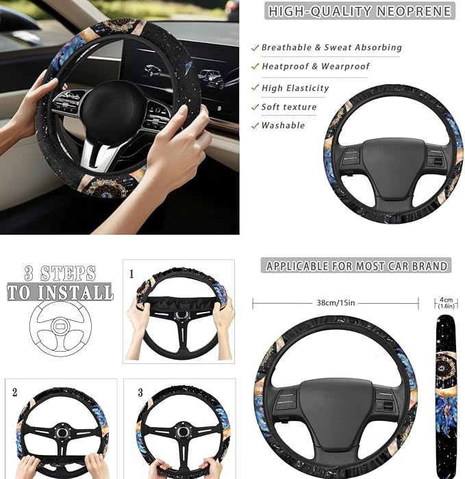 8 Pcs Moon Star Car Seat Covers Full Set Car Accessories for Women Front Seat Cover Steering Wheel Armrest Cover Seat Belt Cover for Auto SUV Interior Decoration