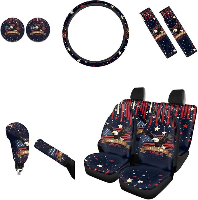 AFPANQZ Proud of American Print Car Seat Covers Full Set of 11 Pcs with Steering Wheel Cover Gear Shift Knob Cover+Auto Handbrake Cover+Seat Belt Strap Pads+Car Coaster