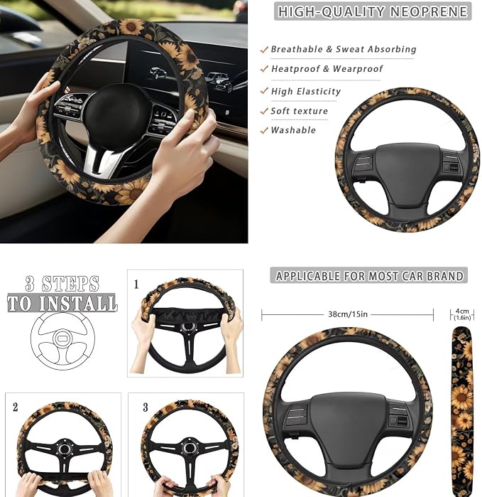 8 Pcs Sunflower Highland Cow Car Seat Covers Full Set Car Accessories for Women Front Seat Cover Steering Wheel Armrest Cover Seat Belt Cover for Auto SUV Interior Decoration