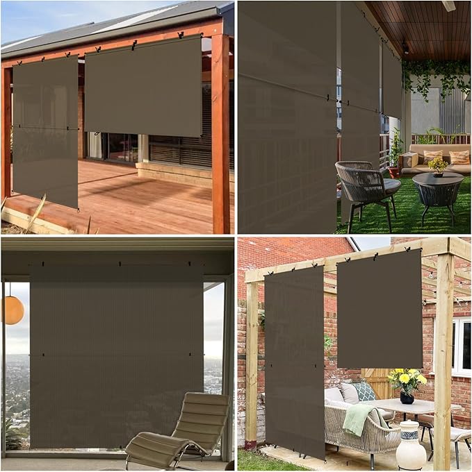 Patio Shades Roll Up Outdoor 6'Wx8.5'H Foldable Roller Shade Patio Blinds Exterior Block Sun Screen for Outside Porch Deck Balcony Pergola Carport, Brown