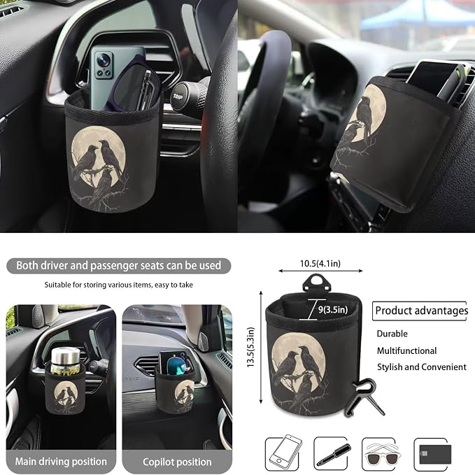 Raven Moon Pattern 10 Pcs Car Accessories Sets Breathable Front Rear Seat Covers Car Air Vent Storage Bag Auto Garbage Can Steering Wheel Cover Coaster Keychain