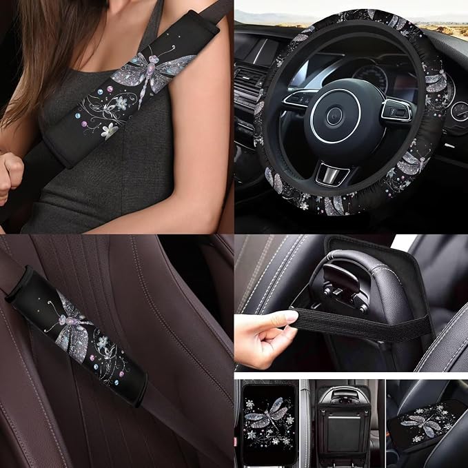 Dragonfly Car Accessories Set 17 Pack Starry Sky Dragonfly Car Seat Covers Full Sets with Vehicle Front Rear Carpets Mats Seat Belt Shoulder Pad Steering Wheel Covers Car Interior Supplies
