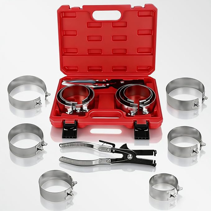 Piston Ring Compressor Tool, Thickened Adjustable 6 Piston Rings (2-7/8" - 4-5/8") and Pliers - Piston Ring Tool for Car, Truck & Motorcycle Installation, with Storage Box, Natural Metal