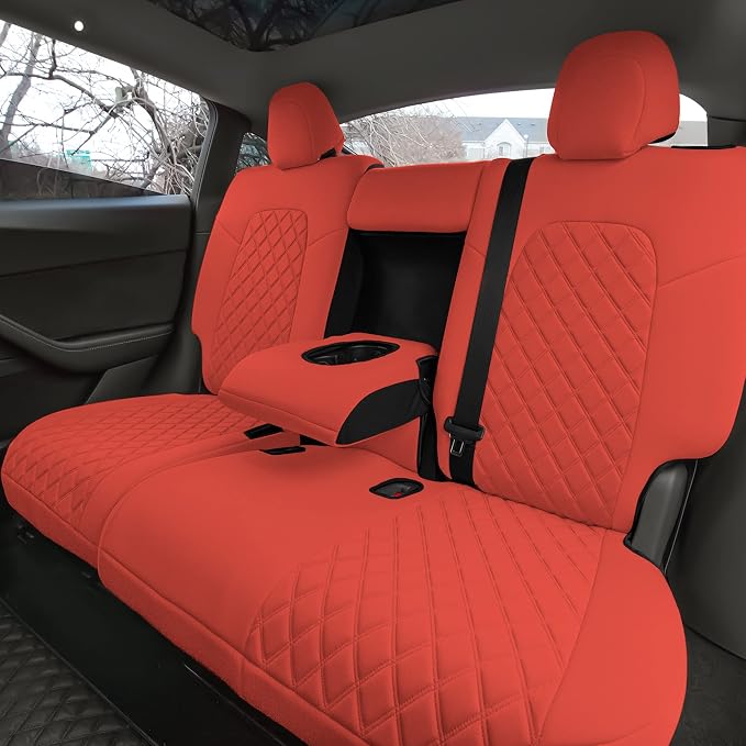 FH Group Custom Fit Car Seat Covers Specifically Made for 2020-2025 Tesla Model Y Ultraflex Neoprene Water Resistant Automotive Seat Covers - Rear Set Solid Red