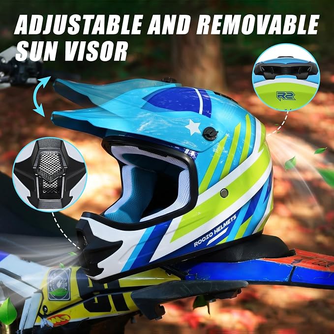 Youth Dirt Bike Helmet DOT Approved, Kids Motocross Full Face Helmet with Adjustable Goggles Riding Gloves & Storage Bag, Off-Road Sport Gear Set for Boys Girls ATV UTV