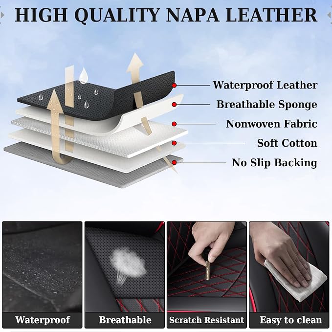 Coverado Tacoma Seat Covers, Car Seat Covers Front Seats, Leather Seat Covers for Cars Car Seat Protector Cushion Tacoma Accessories Custom Fit 2005-2023 Toyota Tacoma Double/Crew Cab(Red)