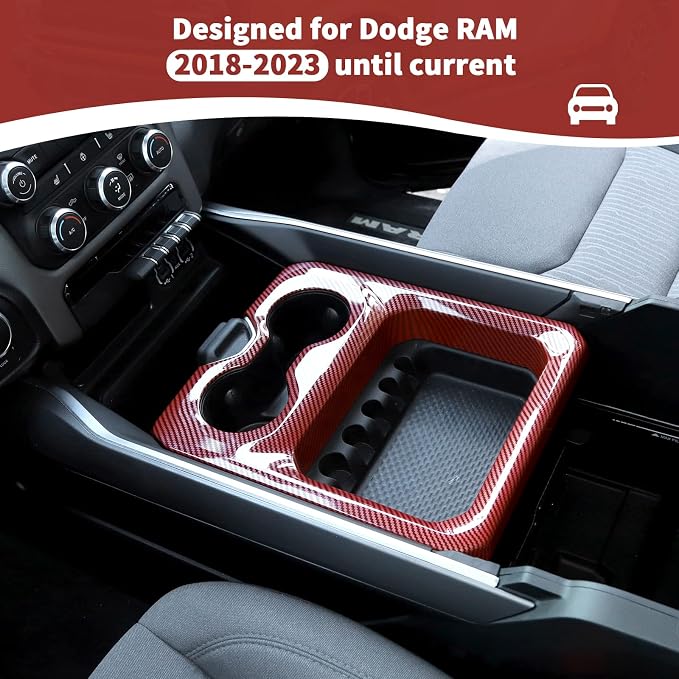 RT-TCZ for RAM Center Console Cup Holder Storage Box Trim Cover Frame for Dodge RAM 2018-2023 Red Carbon Fiber Interior Accessories
