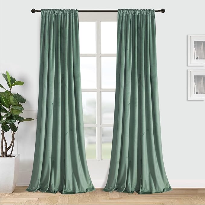 Roslynwood Luxury Soft Sage Green Velvet Curtains 84 inches Long Back Tab Thermal Insulated Blackout Window Drapes for Living Room/Bedroom/Dining Room, W52 x L84, 2 Pcs