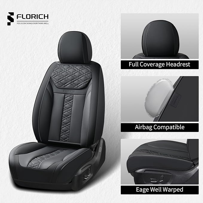 FLORICH Seat Covers, Atomutive Car Seat Covers Full Sets, Waterproof Seat Cover for Cars, Luxury Leather Universal Seat Cover Accessories Fit for Most Cars SUV Truck Sedans(Black)