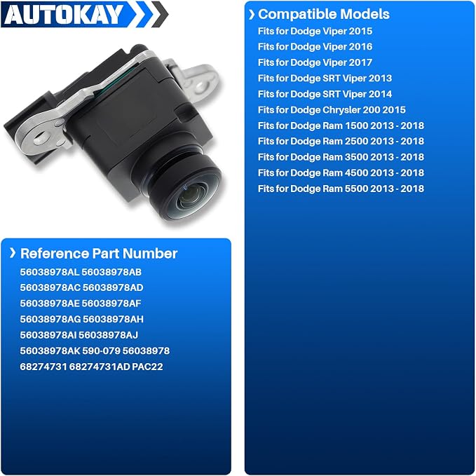 AUTOKAY 56038978AL Rear View Backup Parking Camera Fits for Dodge Viper 2015 2016 2017 Dodge RAM 1500 2500 3500 4500 5500 2013-2018 for SRT Viper 2013 2014 for Chrysler 200 2015 5603878AC 56038978AB