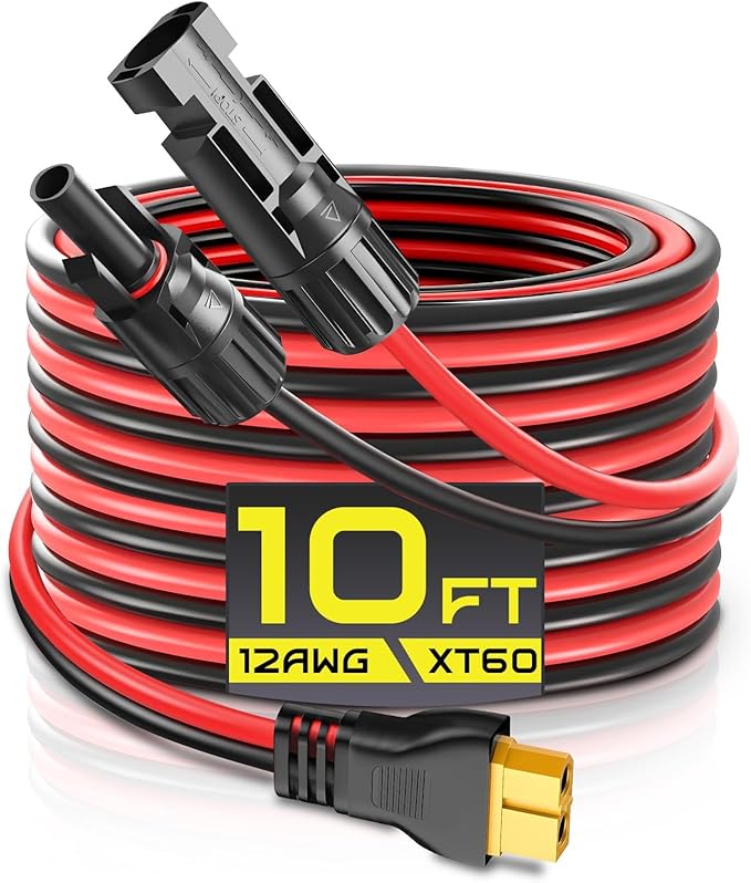 10FT 12AWG XT60 Solar Charging Cable, GIBBAB Solar Panel Connector to XT60 Extension Charge Adapter Cable with Caps & Wire Ties for LiFePO4 Battery RV Portable Power Station Generator