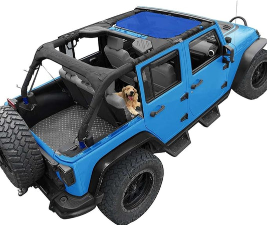 JK Sun Shade Top Compatible with Jeep Wrangler 4 Door 2007 to 2018 Sunshade Sunroof Bikini Cover Blocks UV Wind Noise Blue Mesh for Front